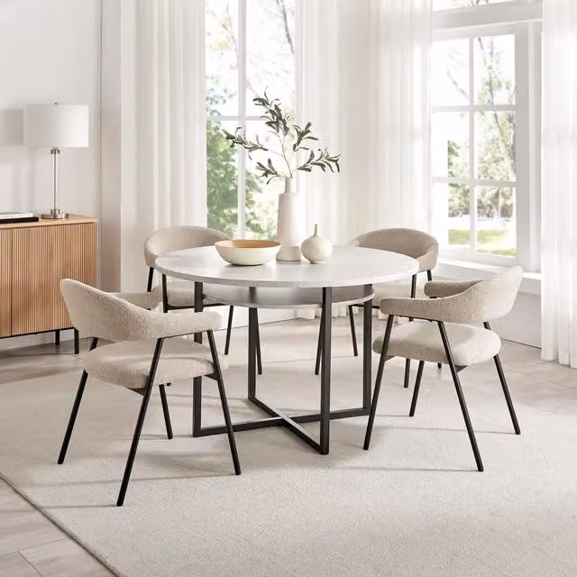 Furniturebox UK Adley Round Grey Concrete Effect Dining Table with 4 Delos Beige Chairs