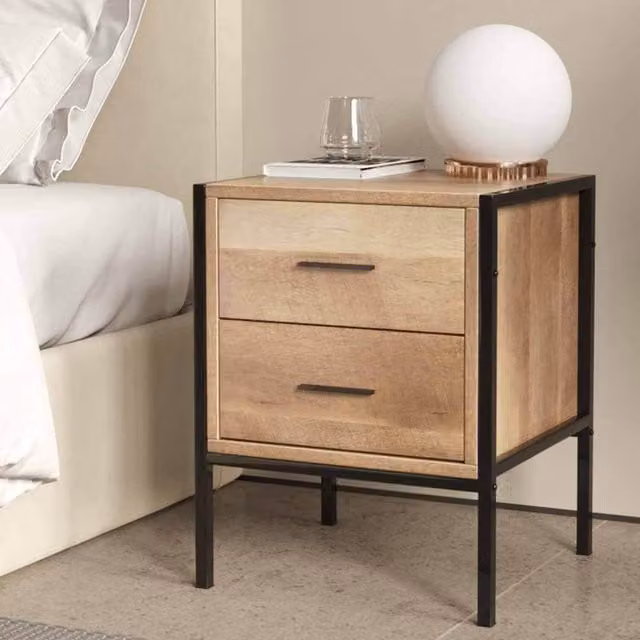 Livingandhome Rustic Brown Coffee Side Table and Nightstand with Metal Frame and Two Drawers