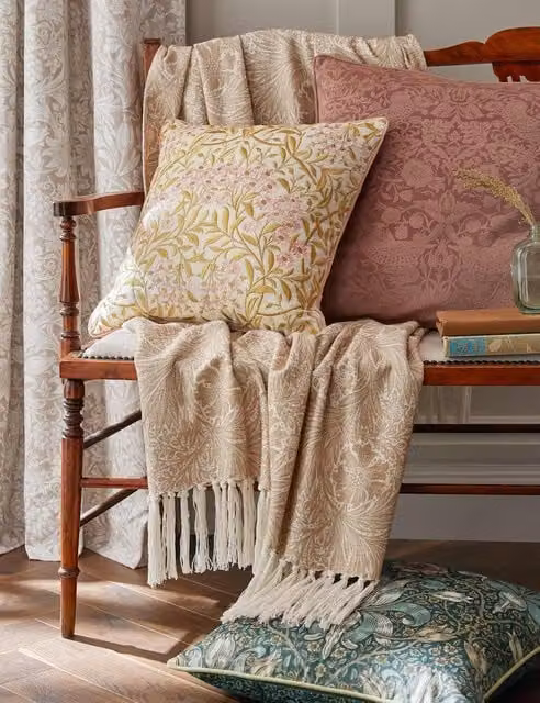 William Morris At Home Michaelmas Daisy Embroidered Cotton Cushion, Pink and Gold, W/D/H: 43 x 43 x 1 cm