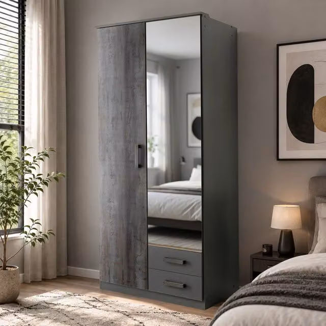 Duisberg Grey and Digi Steel 2 Door Wardrobe with Mirror and Integrated Drawers, Width: 90 cm
