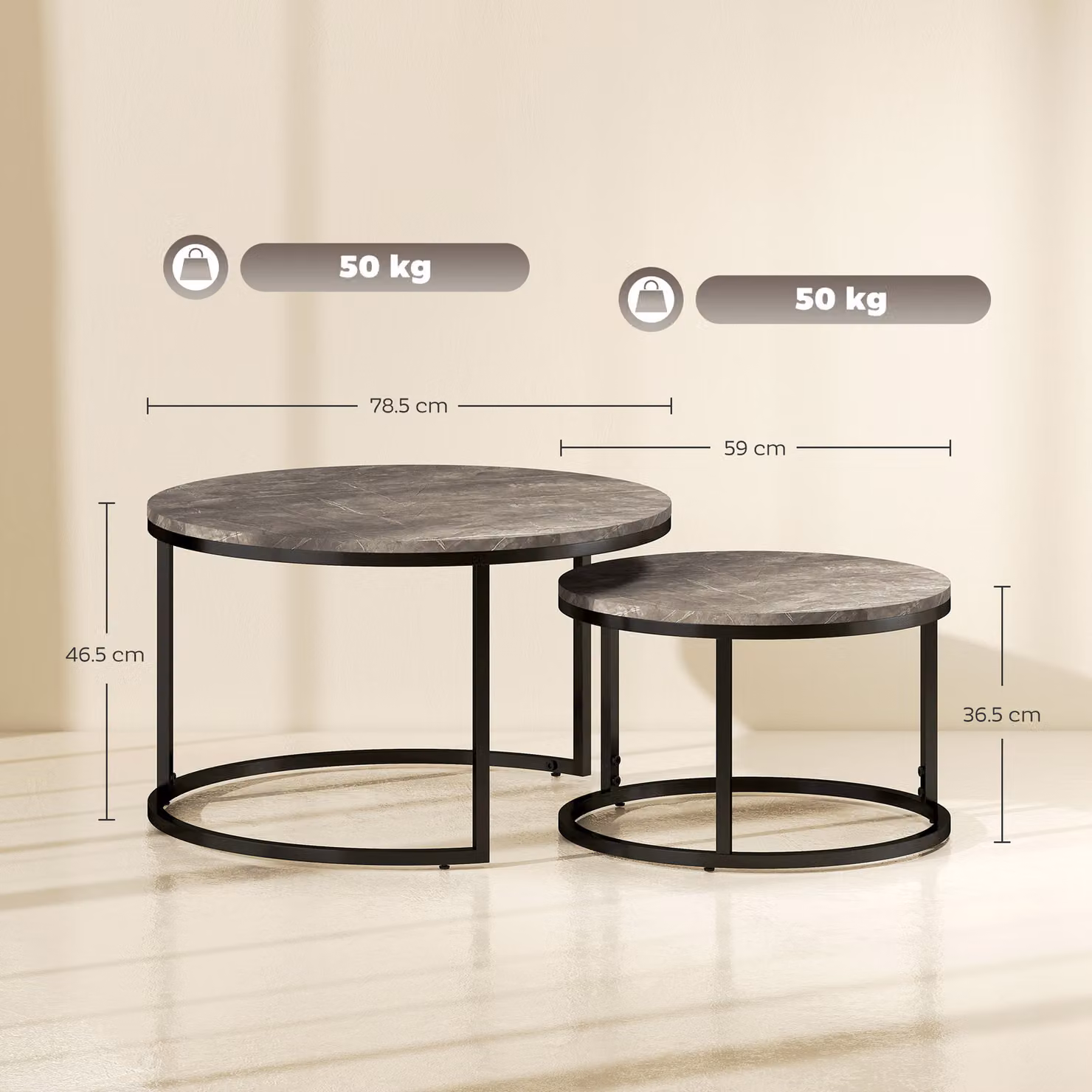 HOMCOM Industrial Nesting Coffee Table Set of 2 with Grey Abstract Faux Marbled MDF Tops and Metal Frame – 3