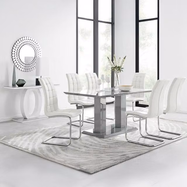 FurnitureboxUK Imperia Grey Rectangular Glass Dining Table and 6 White Murano Chairs – 1