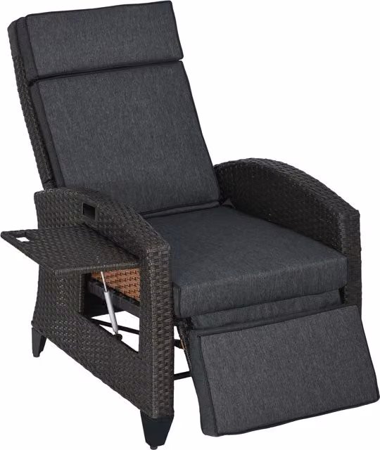 Outsunny Grey Polyrattan Outdoor Recliner Chair with Adjustable Headrest, Side Tray and Cushions