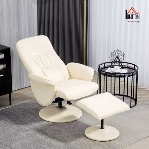 HOMCOM Swivel Recliner Armchair with Ottoman in White PU Leather – 2