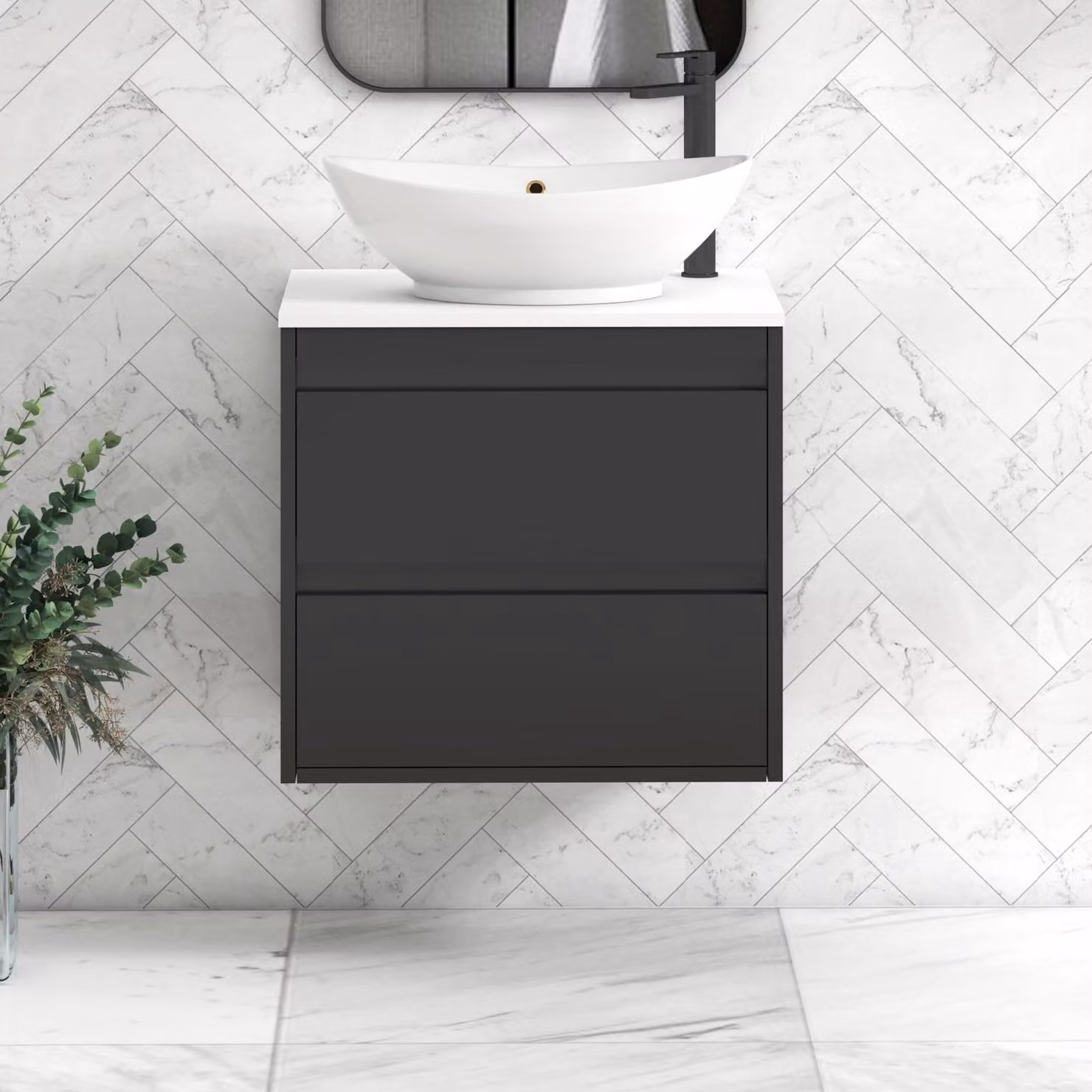 Royal Bathrooms Orion 600mm Wall Hung Vanity Unit with Amaze Basin and 2 Drawers in Matt Obsidian Black and White with Black Accent Trim