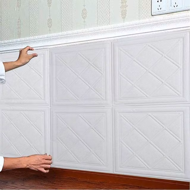 Hinsinc Plain White Self Adhesive Foam Wallpaper, 0.6m2