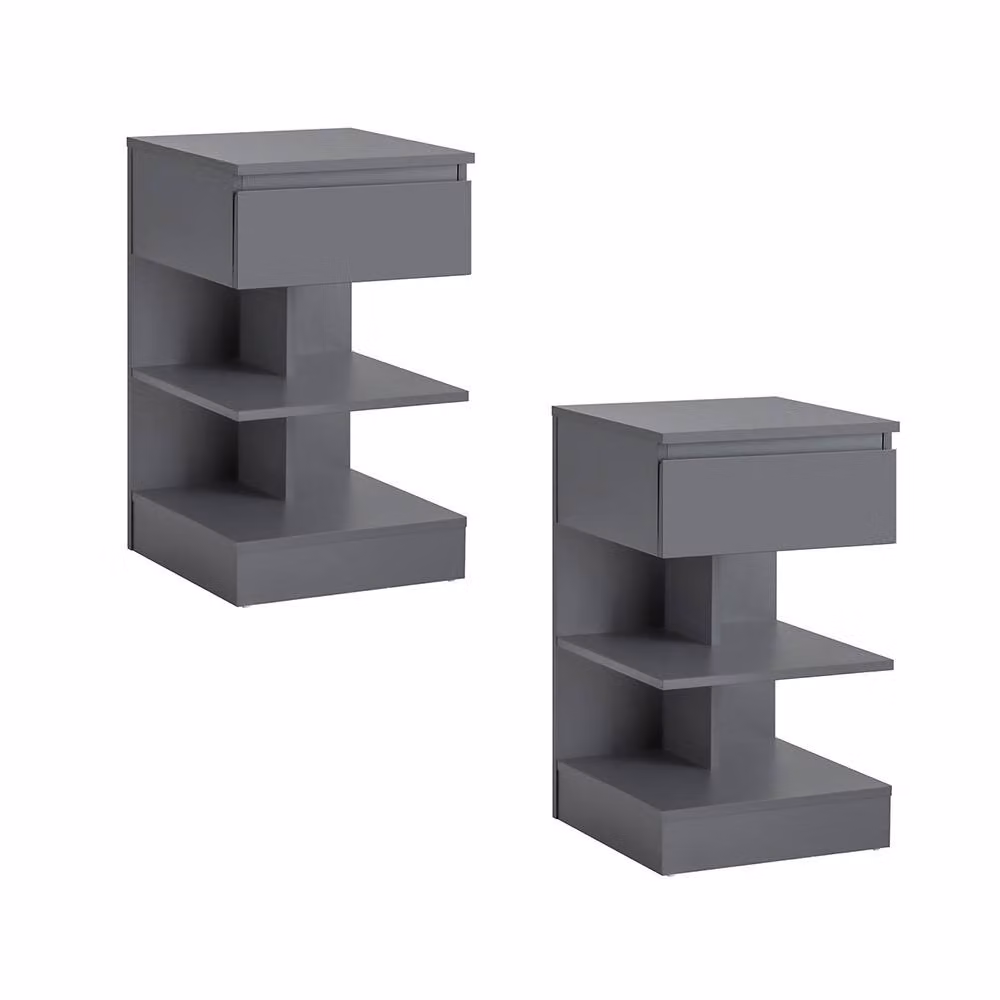 SoBuy Set of 2 Modern Nightstands with 1 Drawer and 2 Shelves, Dark Grey, H: 65 cm – 2