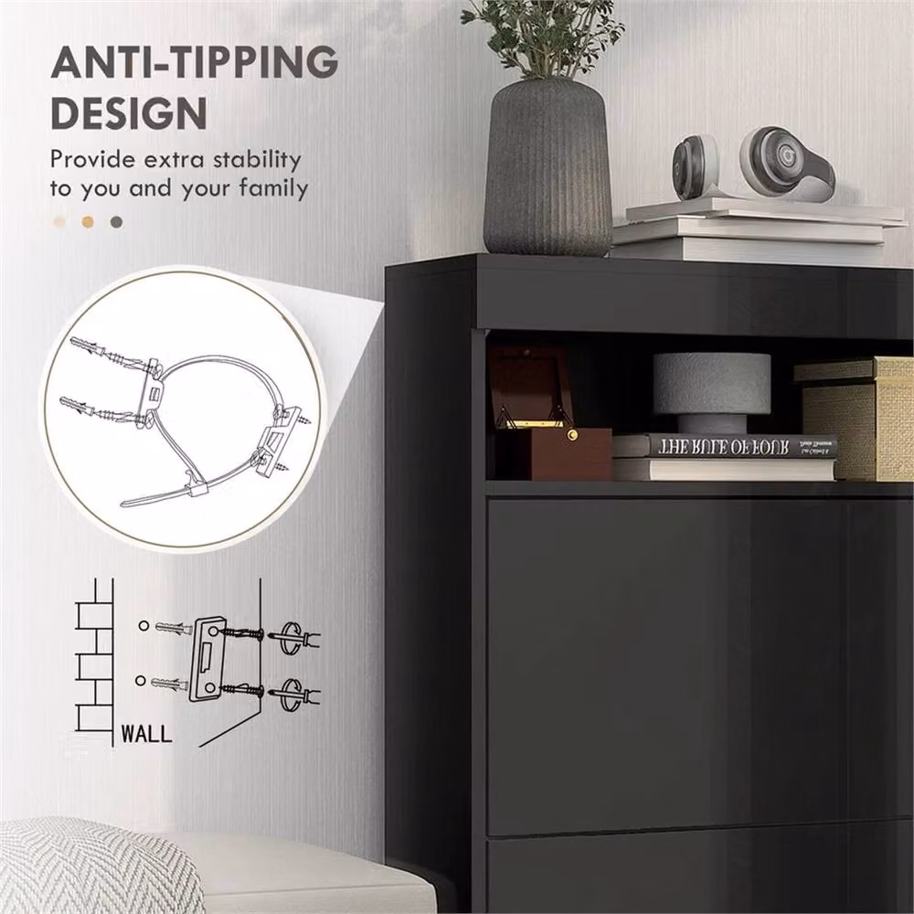 Nordara Glossy Black Modern Shoe Cabinet with 2 Tilting Compartments, Wall Mounted or Freestanding, W/D/H: 80 x 24 x 99.5 cm – 3