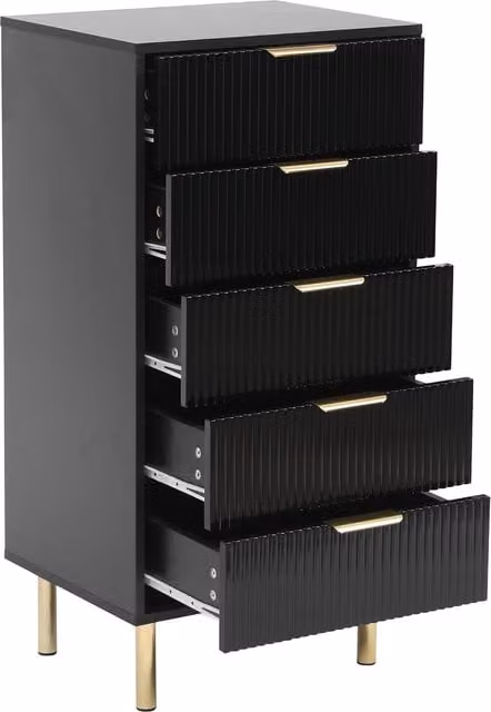 MMT Furniture Designs Moderna Black Gloss 5 Drawer Chest of Drawers with Gold Accents – 1