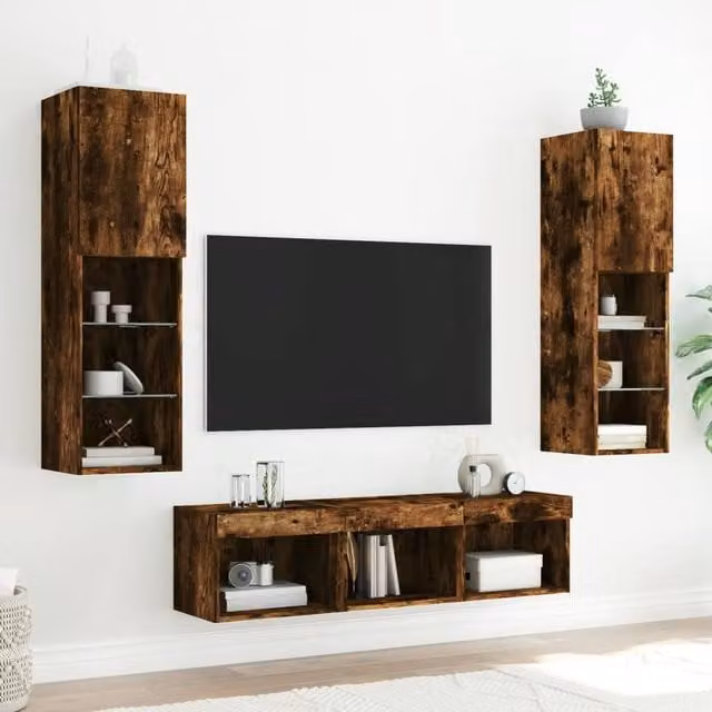 Berkfield Home 5 Piece Modern TV Wall Unit Set with LED Lighting in Smoked Oak Brown, W/D/H: 120 x 30 x 30 cm – 1
