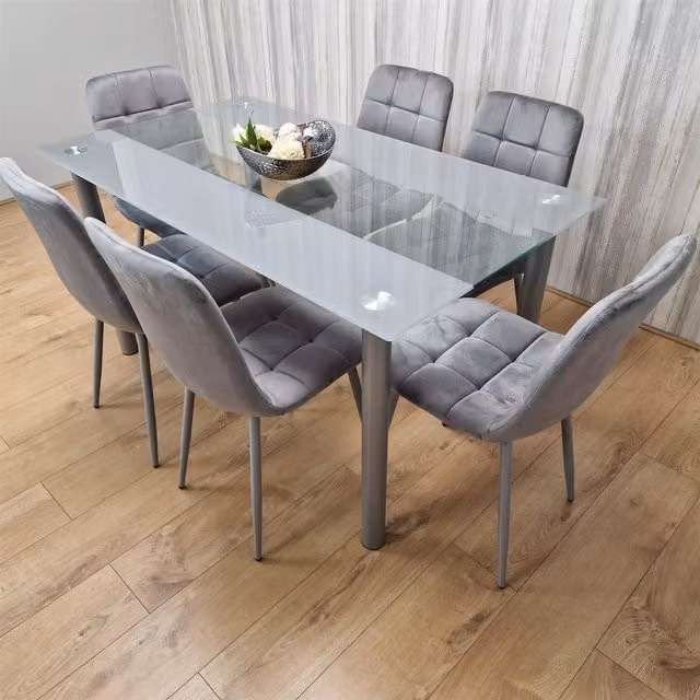 KOSY KOALA Modern Dining Set with Rectangular Grey Glass Table and 6 Grey Velvet Chairs in Brown