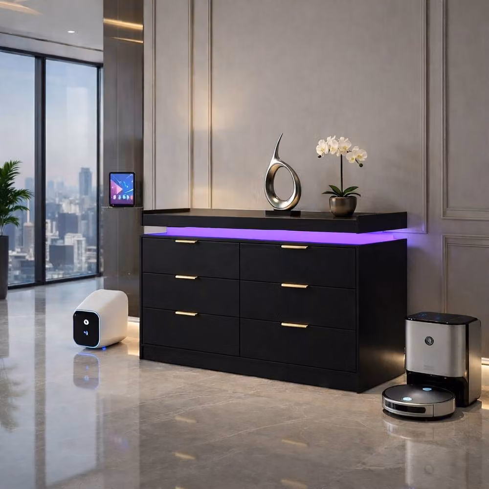 Harmin Luxury Black and Gold 6-Drawer Chest with Integrated LED Lighting, W: 116 cm, D: 40 cm, H: 80 cm – 3