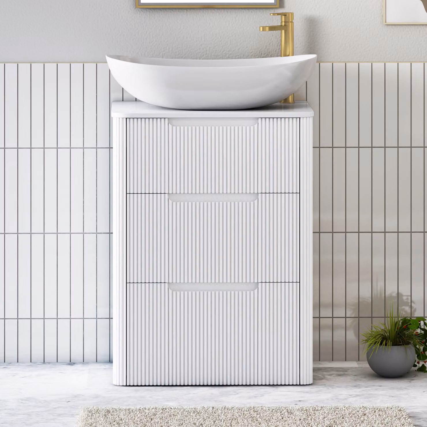 Royal Bathrooms Avenza 600mm Matt White Floor Standing 3 Drawer Vanity Unit with Cesar Basin and Plain White Worktop