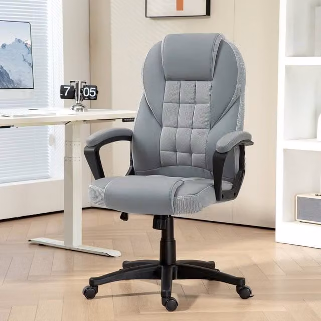 KORVIXA Grey Synthetic Leather High Back Executive Office Chair with Headrest and Armrests – 1