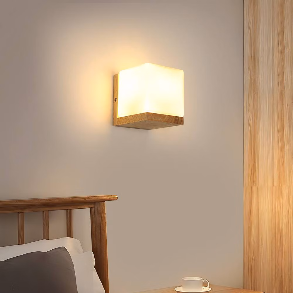Pheashine Nordic Wall Sconce in White and Natural Wood with Square Glass Shade and E27 Socket – 2