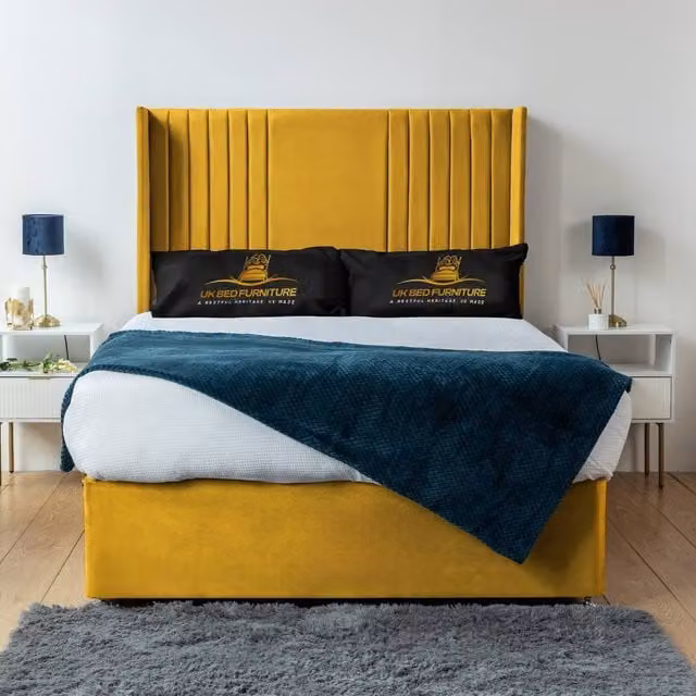 UK Bed Furniture Skyline Wingback Divan Bed Base with 54 Inch Headboard in Yellow Velvet, Size: Single, W/D/H: 90 x 190 cm