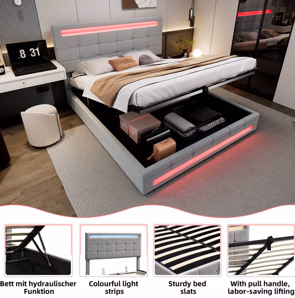 STILVORA Grey Velvet Upholstered Double Bed with Hydraulic Storage and LED Under-Bed Lighting, W/D/H: 140 x 200 x 135 cm – 5
