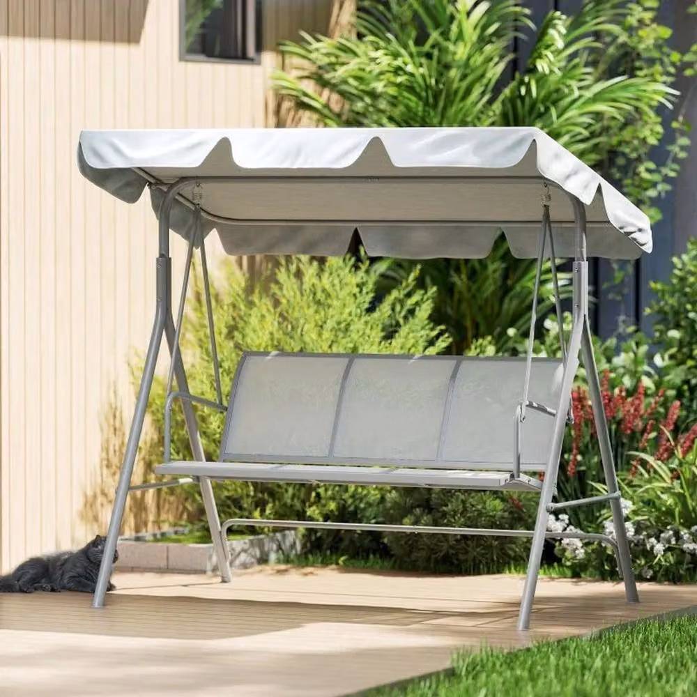 FLAVORA 3 Seater Metal Garden Swing Chair Hammock with Sun Canopy in Grey – 5