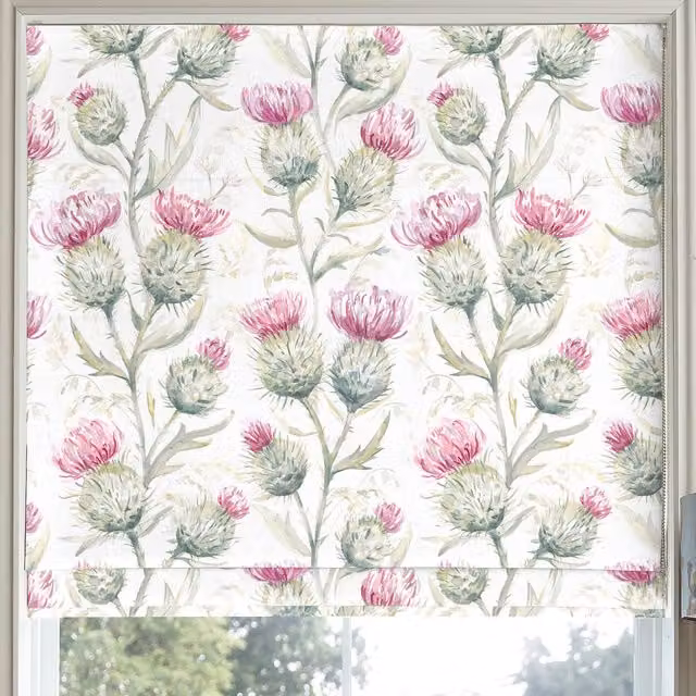 Voyage Thistle Glen Made to Measure Blackout Roman Blind in Pink and Multicolour Floral Design