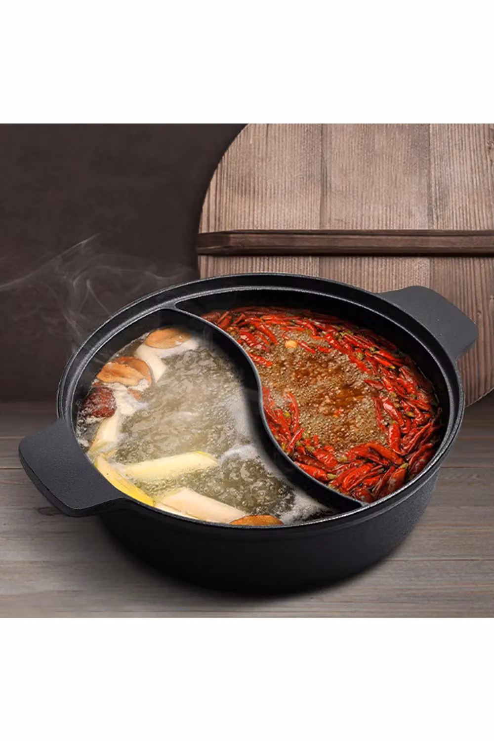 Living and Home Black Cast Iron 2-Compartment Divided Hot Pot Cookware, Diameter: 31 cm – 5