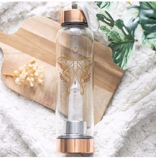 KDMD Luna Moth Glass Water Bottle with Clear Quartz Crystal, 500 ml, Transparent