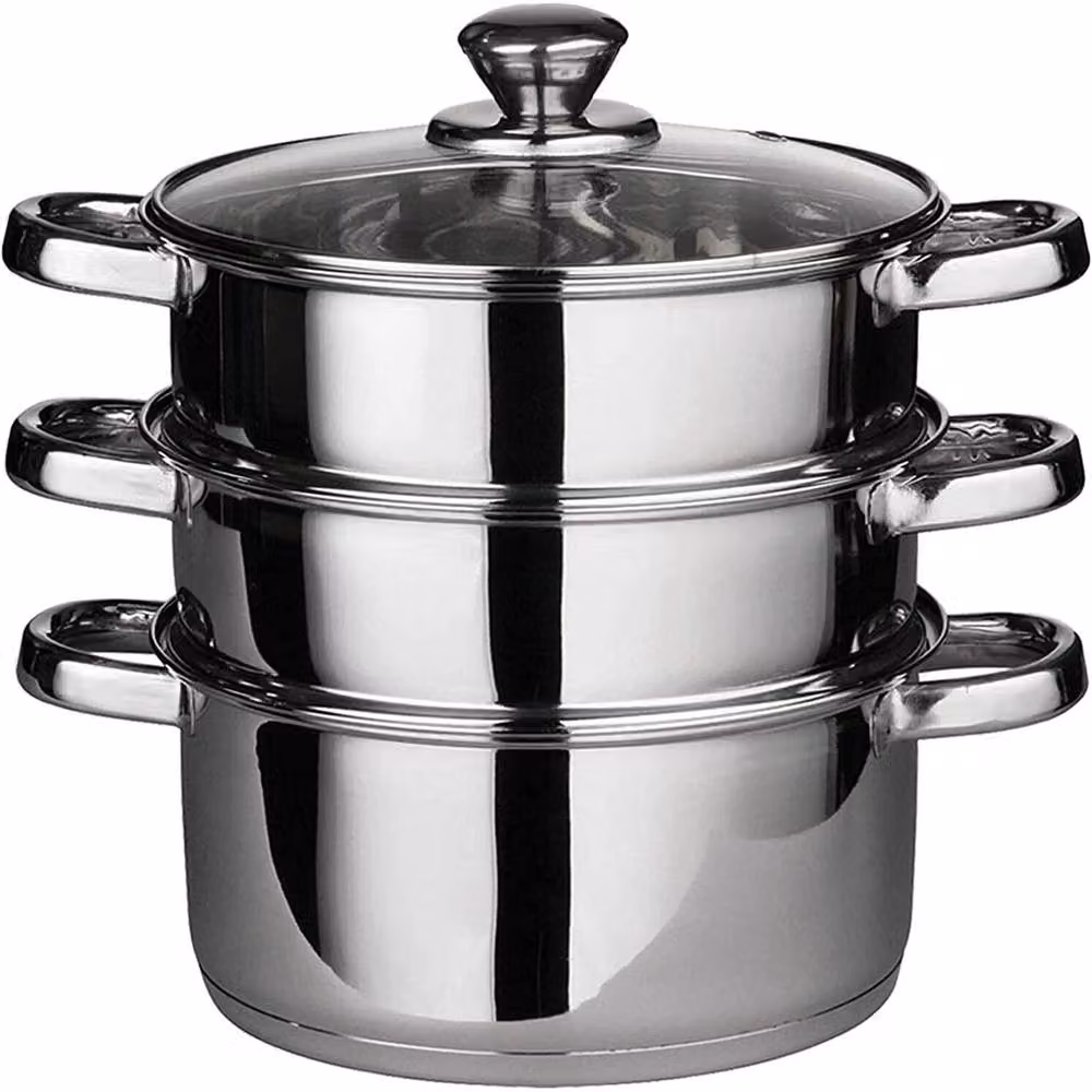 SPETLEK 3 Tier Stainless Steel Steamer Pot Cooker Set with Glass Lid, Metallic Silver, Diameter: 22 cm – 2