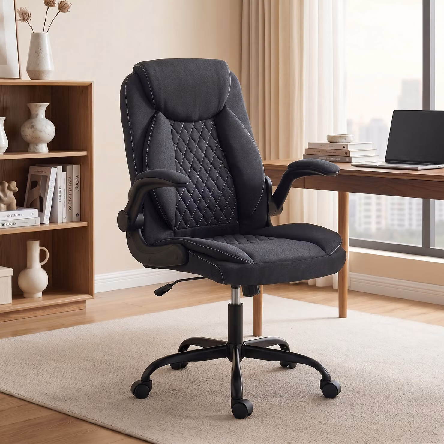HOMCOM Black Linen-Look Executive Office Chair with Flip-Up Armrests and Thick Cushion – 2