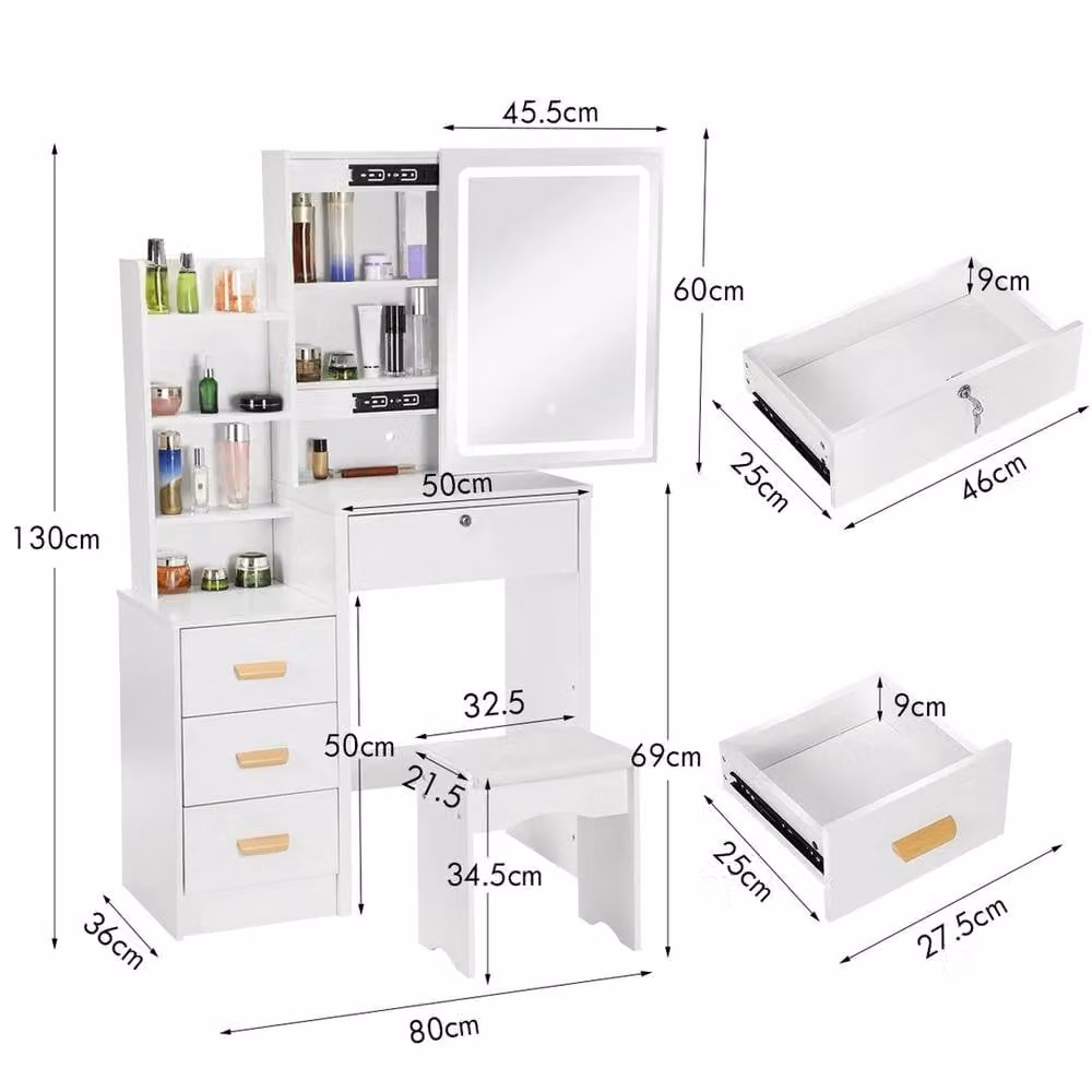 NESTLUNE White Modern Makeup Desk with Dimmable Hollywood LED Lighting – 2