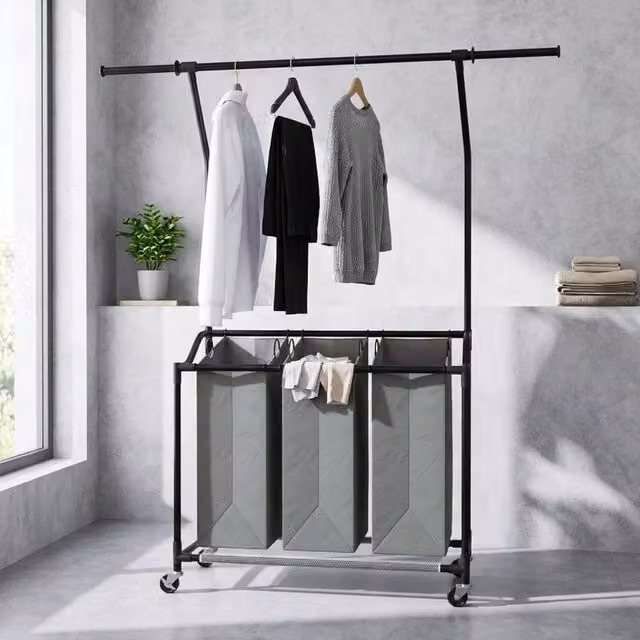 STILVORA Laundry Basket Unit with Hanging Rail and 3 Baskets in Grey – 1