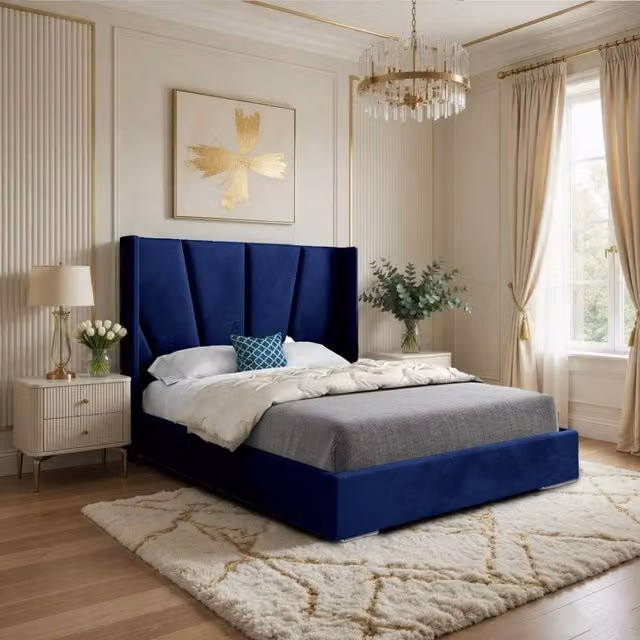 Casani Falmouth King Size Upholstered Velvet Winged Bed Frame in Blue, W/D/H: 180 x 159 x 137 cm