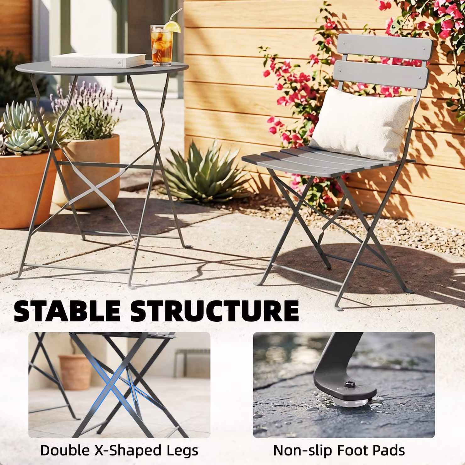 Outsunny Grey Folding Garden Bistro Set with Round Table and 2 Chairs and Electrophoresis Metal Frame – 6