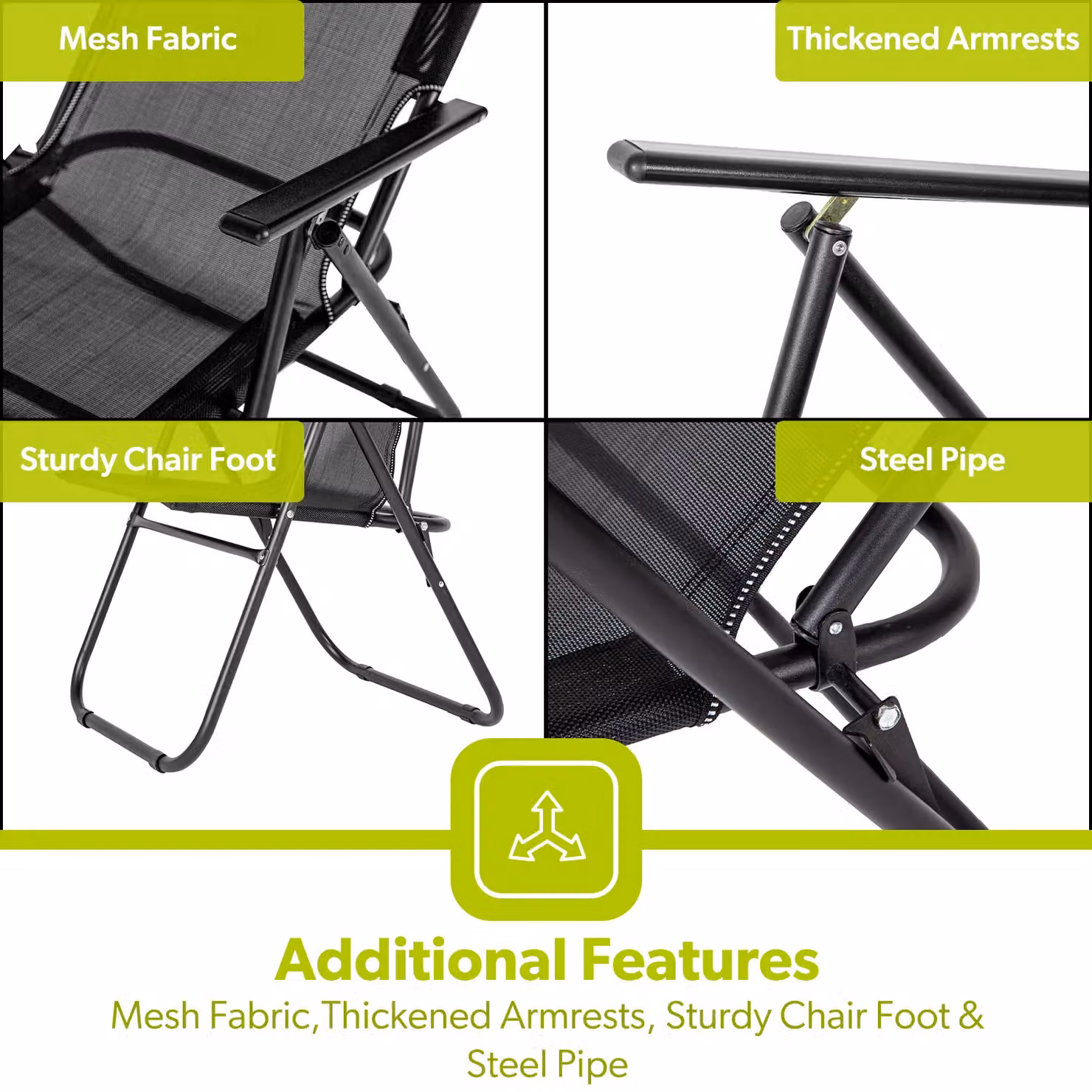 Royalford Pack of 2 Black Folding Camping Chairs with Armrests and Powder Coated Steel Frame – 4