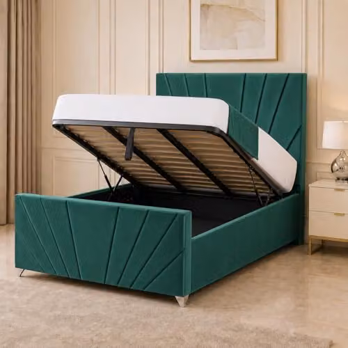 Living Comfort Bedz Sunrise Lined Panel Bed in Emerald Green Plush Velvet with Ottoman Gas Lift Storage, 5ft King Size, W: 152.4 cm, H: 214.98 cm, D: 180 x 200 cm