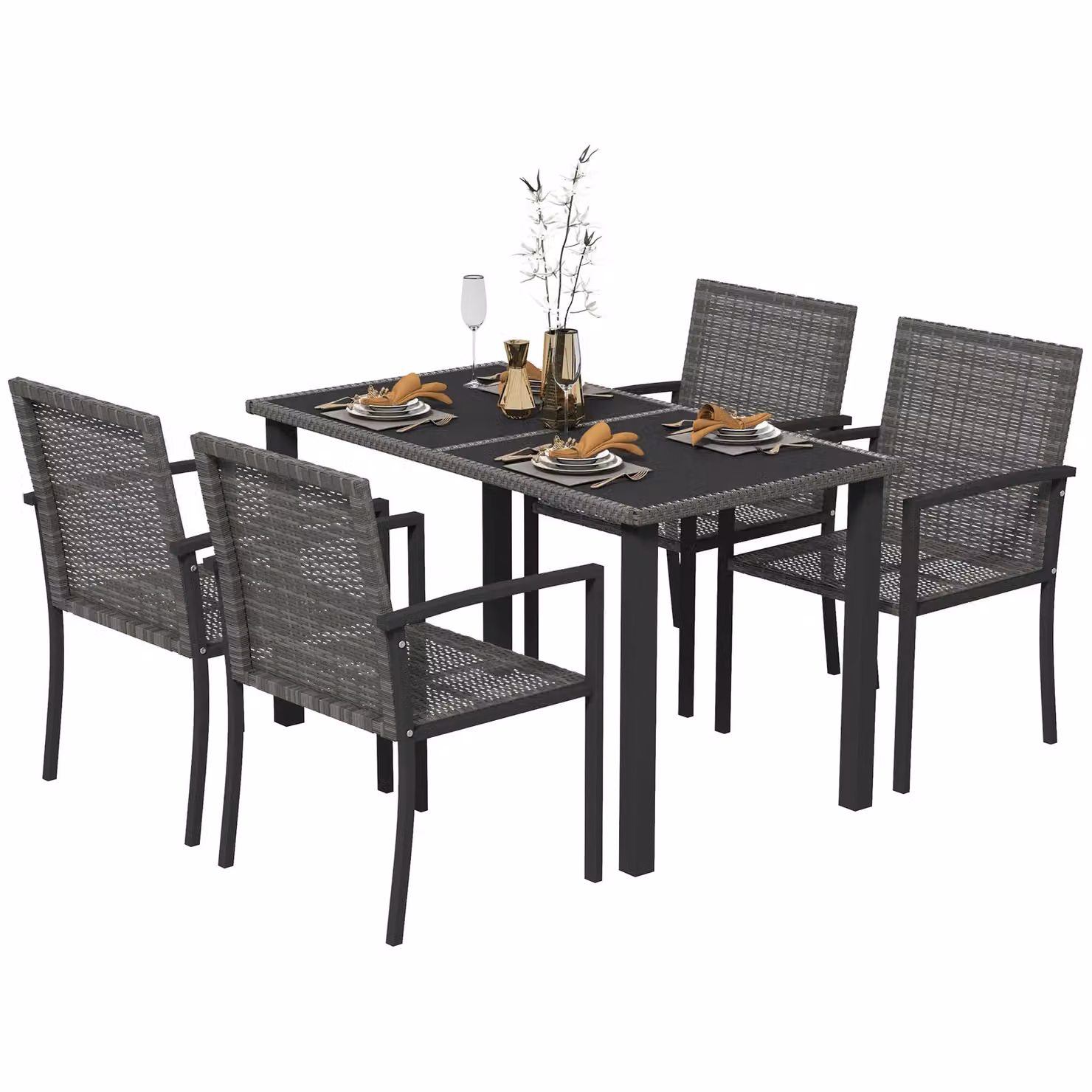 OUTSUNNY 4 Seater Grey Rattan Garden Furniture Set with Glass Tabletop – 2
