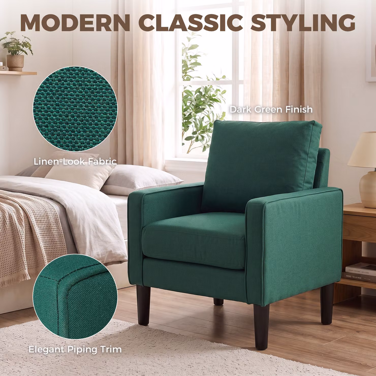 HOMCOM Modern Tub Accent Chair in Dark Green with Removable Pillow and Armrests – 6
