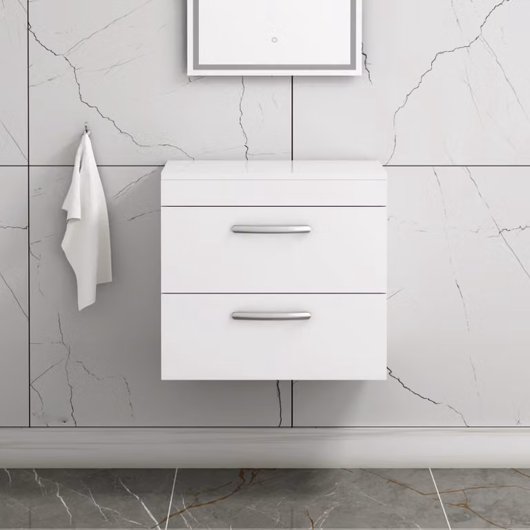 Royal Bathrooms Gloss White Wall Hung Vanity Unit with 2 Soft Close Drawers, Width: 60 cm