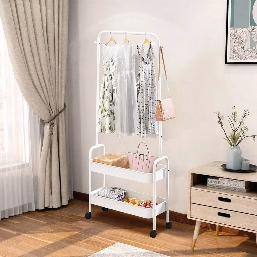 NESTLUNE White Metal Floor Standing Clothes Rack with Rolling Wheels – 3