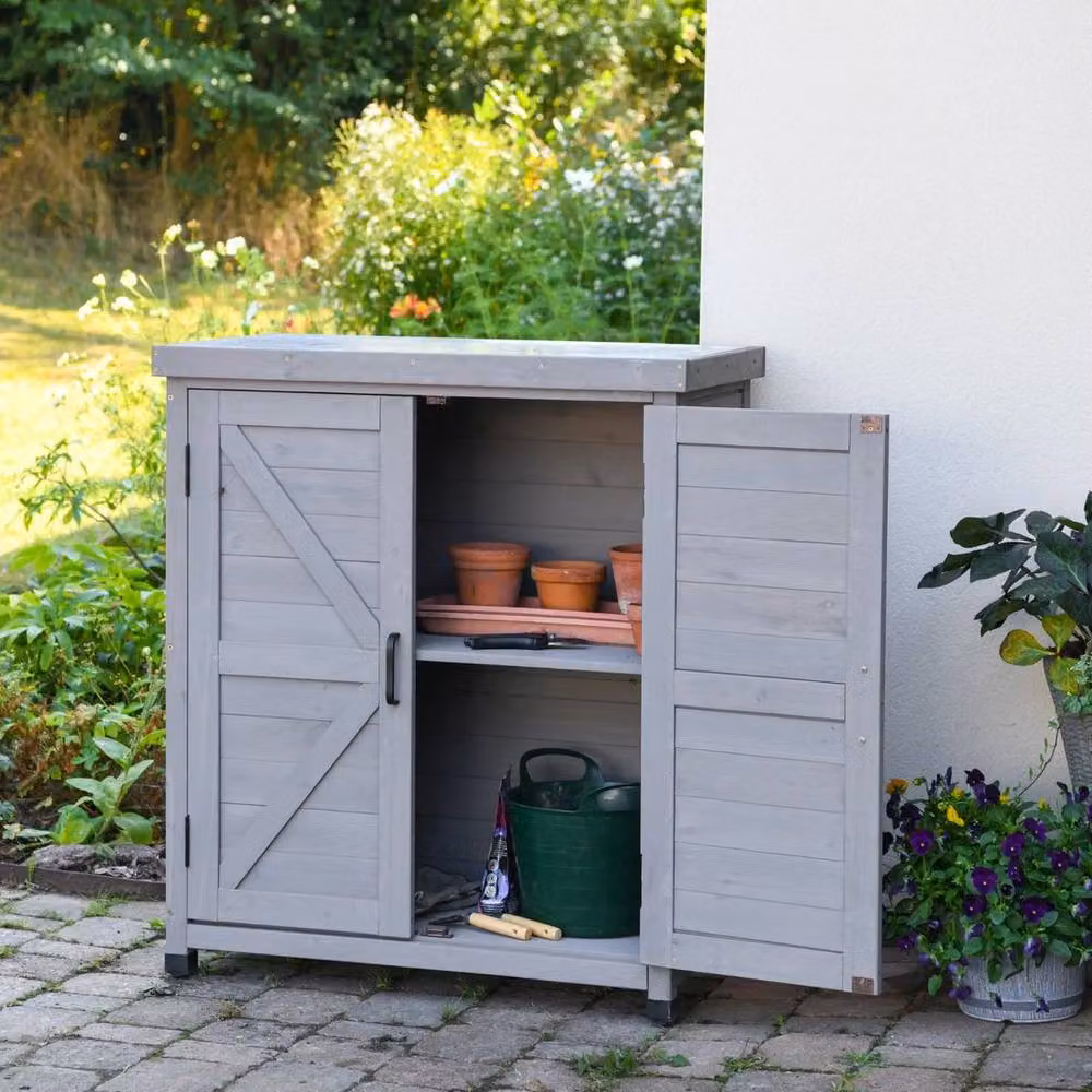 FORGEVIO Grey Wooden Garden Storage Cabinet with Hinged Doors and Internal Shelves – 4