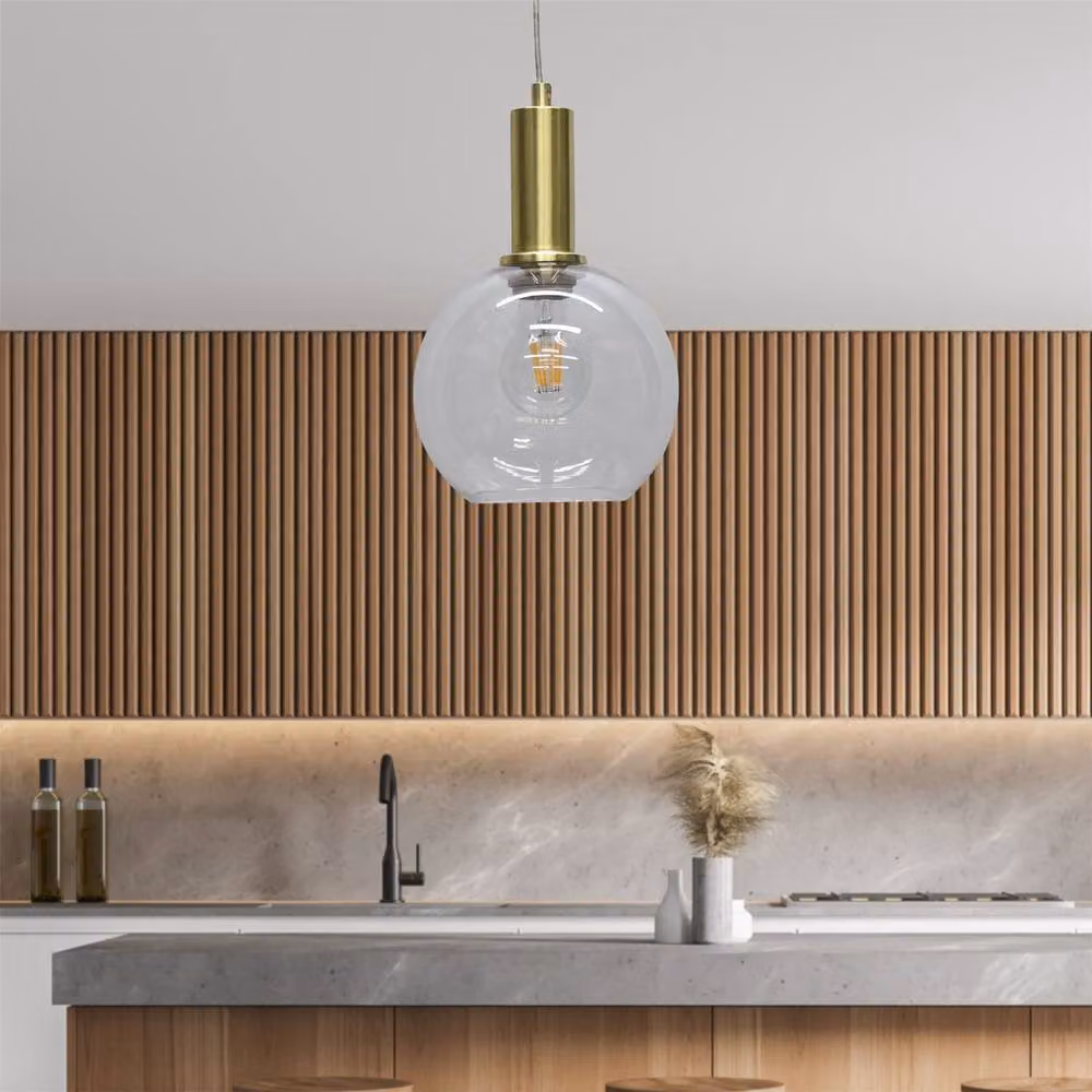 First Choice Lighting Barnum Set of 2 Art Deco Pendant Fittings with Transparent Glass Globes and Satin Brass Finish – 2