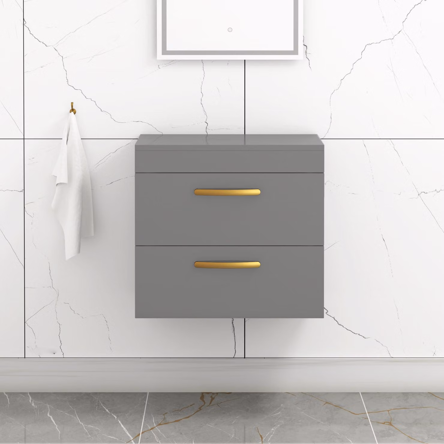 Royal Bathrooms 600mm Wall Hung 2 Drawer Vanity Unit in Indigo Grey Gloss with Brushed Brass Handles