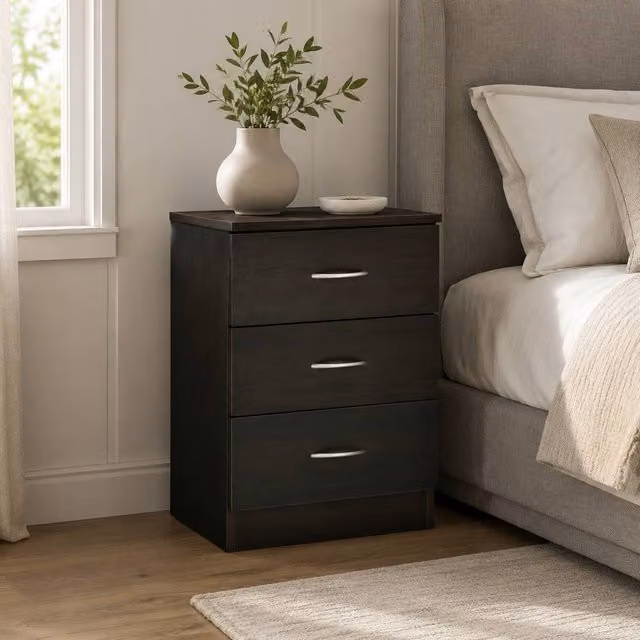 STILVORA Modern Black Bedside Table with 3 Drawers