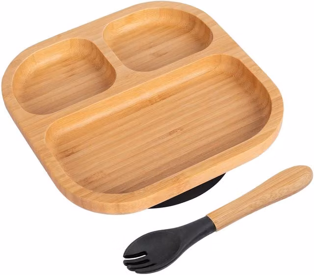 Tiny Dining Black Bamboo Segmented Baby Weaning Plate and Fork Set