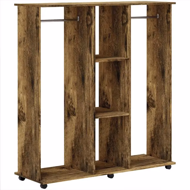 HOMCOM Open Wardrobe with Double Mobile Storage Shelves and Clothes Rail, Rustic Brown – 1