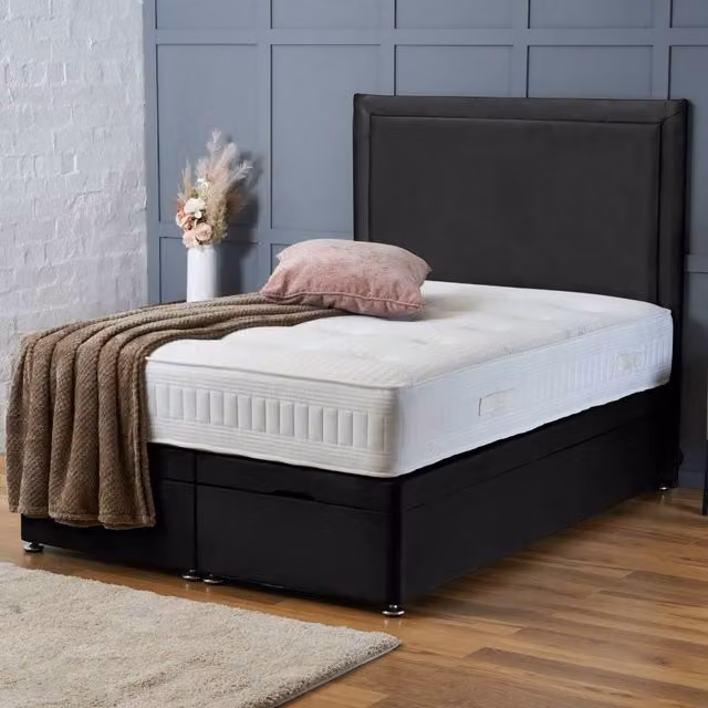 BSSPOKE Ella Ottoman Divan Bed in Black Plush Velvet with 54 inch Headboard, W/D/H: 120 x 200 x 137 cm