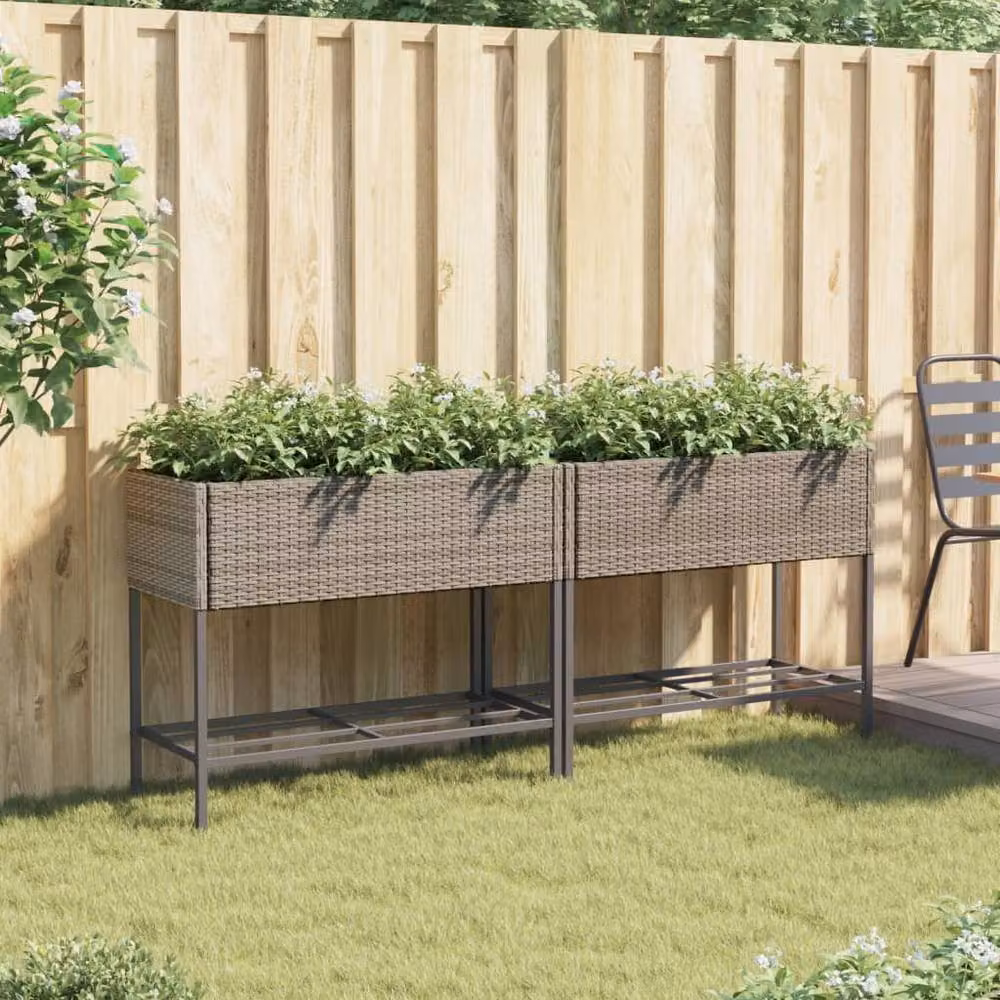 Berkfield Home Grey Poly Rattan Garden Planters with Shelf, 2 Pack, W/D/H: 90 x 40 x 75 cm – 3