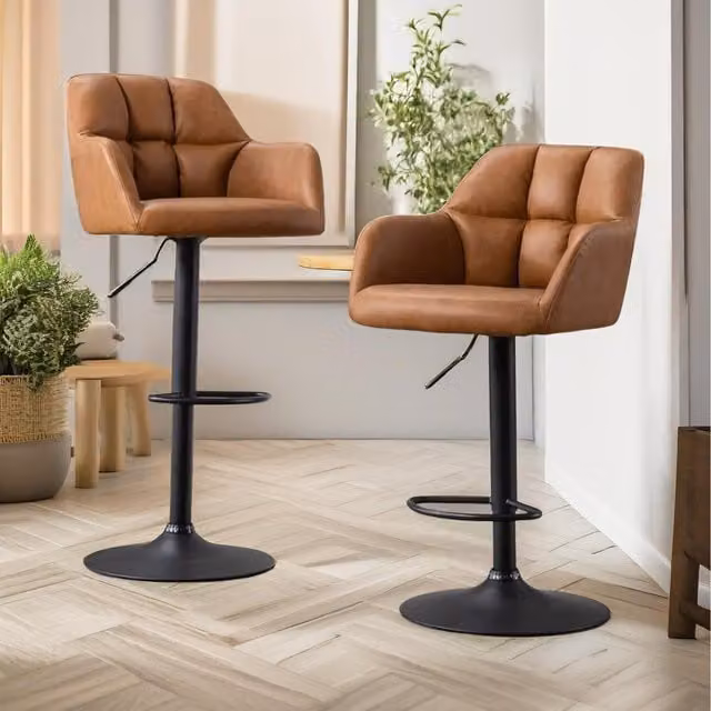 Furnold Set of 2 Brown PU Leather Swivel Barstools with Armrests and Height Adjustment