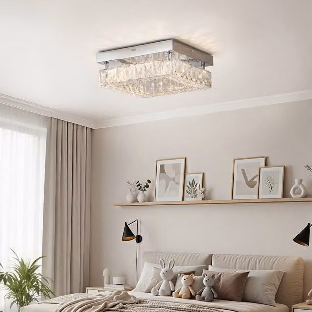 Lifeideas Square Crystal LED Ceiling Light with Remote Control in Chrome Silver