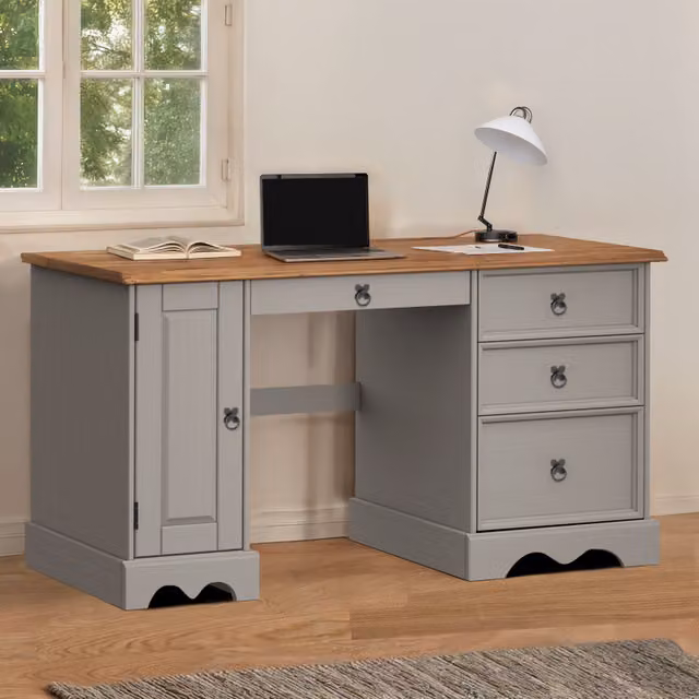 Mercers Furniture Corona Straight Computer Desk in Distressed Grey Waxed Pine, W/D/H: 145 x 48 x 74 cm