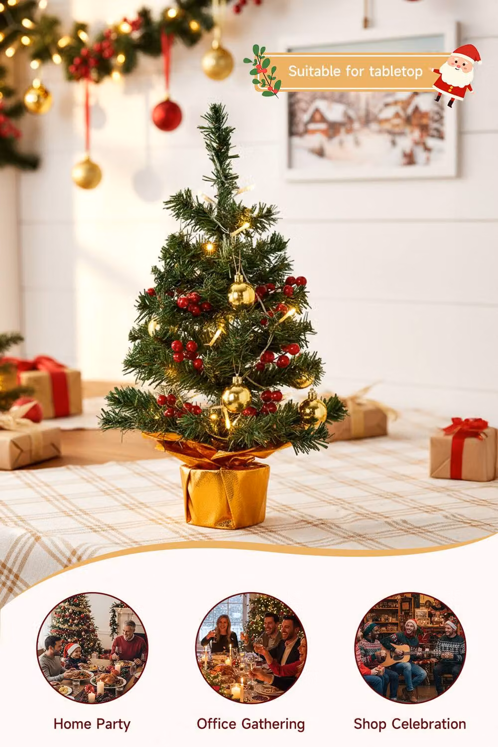 Living and Home 53cm Mini Pre-lit Tabletop Christmas Tree with Ball Ornaments and Red Berries in Green and Red – 2