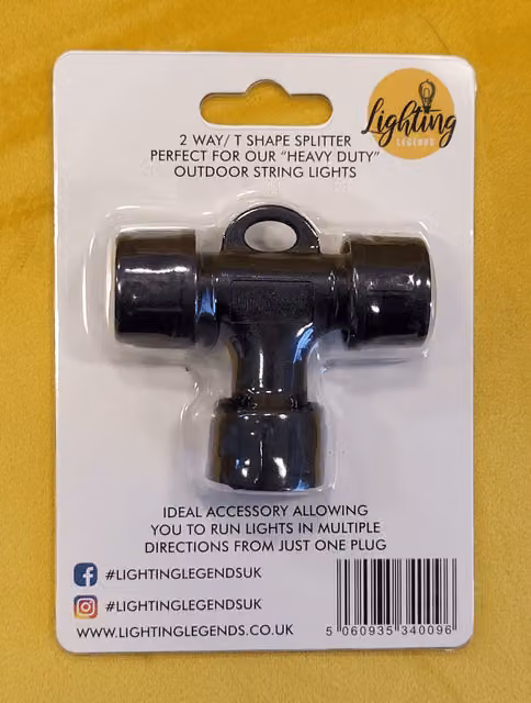 Lighting Legends 2 Way T Shape Splitter for Heavy Duty LED String Lights, Black